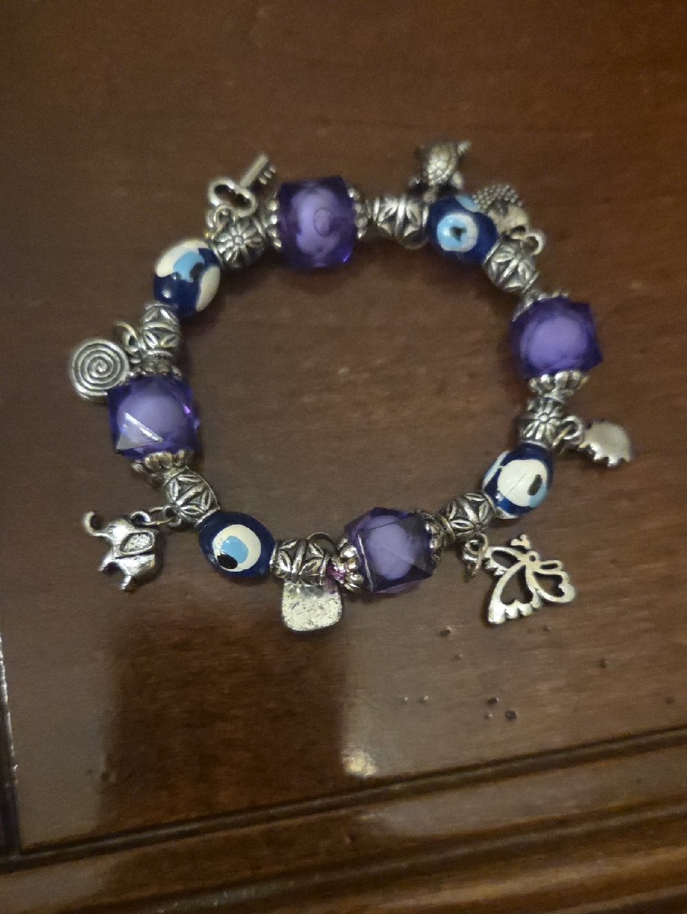 Purple Glass Bead Charm Bracelet with Silver Accents